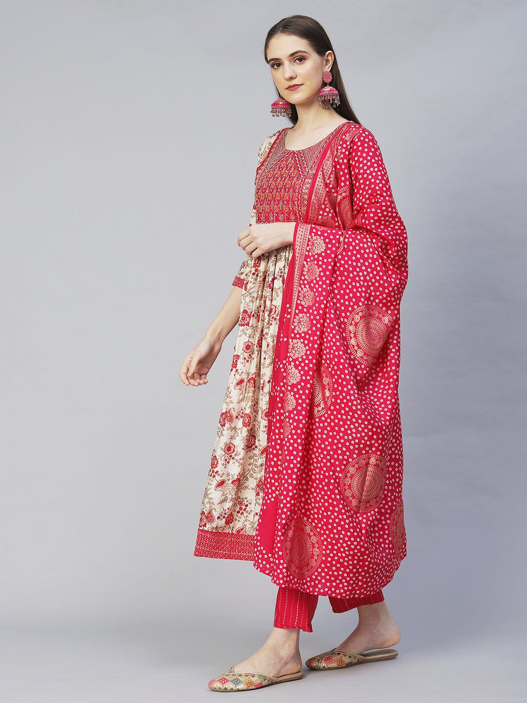 Floral Printed & Embroidered A-Line Kurta with Pants & Dupatta - Cream - Indiakreations