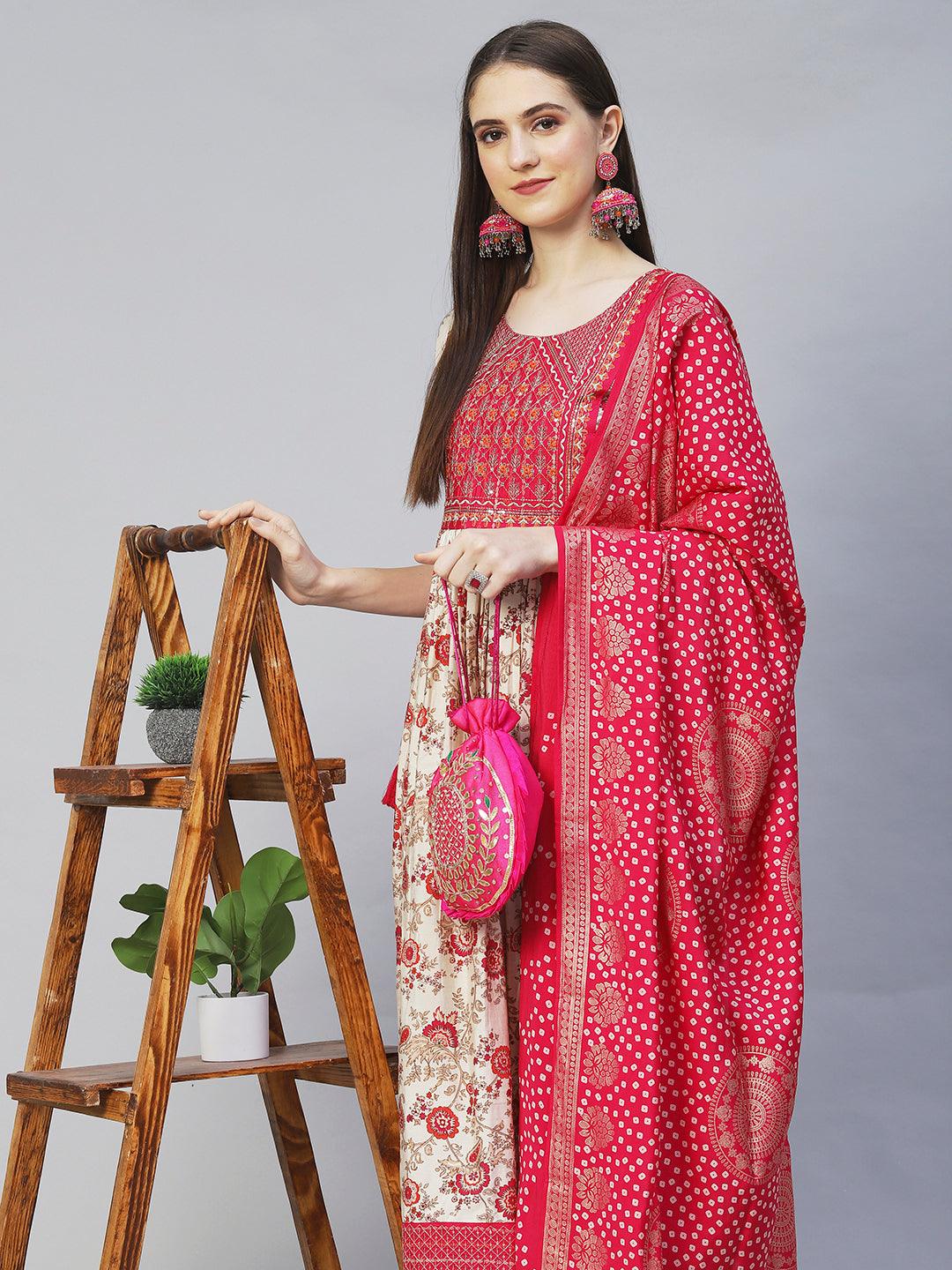 Floral Printed & Embroidered A-Line Kurta with Pants & Dupatta - Cream - Indiakreations