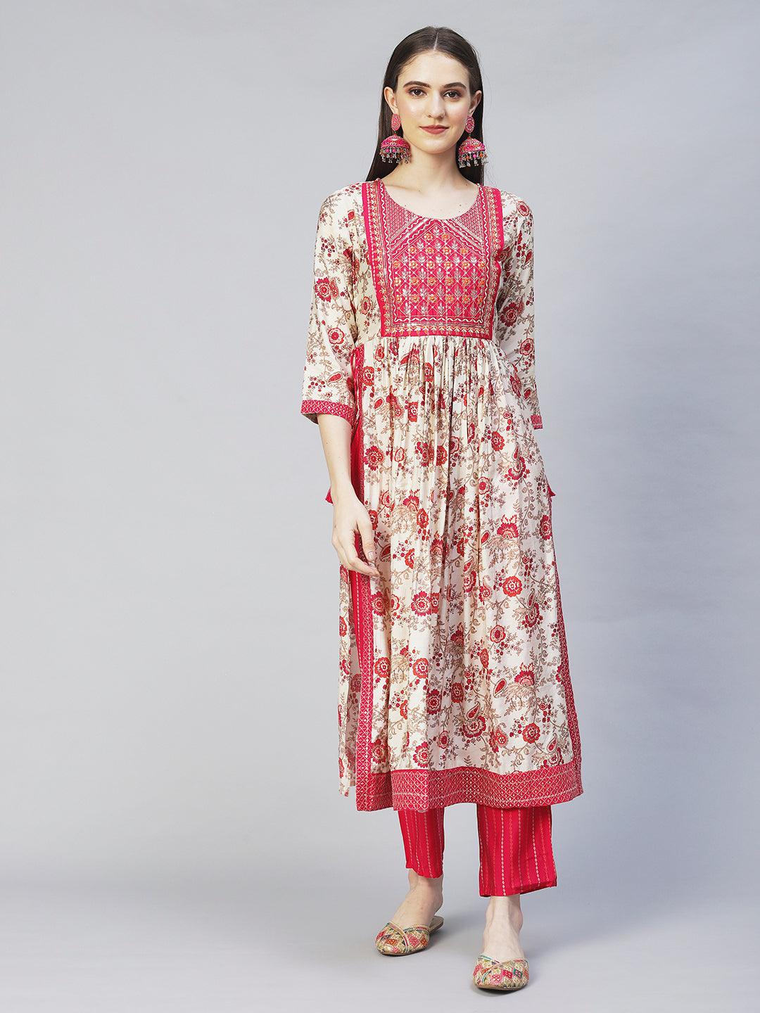 Floral Printed & Embroidered A-Line Kurta with Pants & Dupatta - Cream - Indiakreations