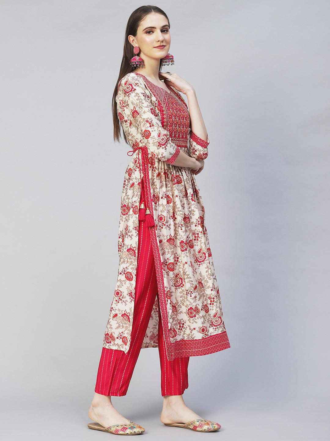 Floral Printed & Embroidered A-Line Kurta with Pants & Dupatta - Cream - Indiakreations