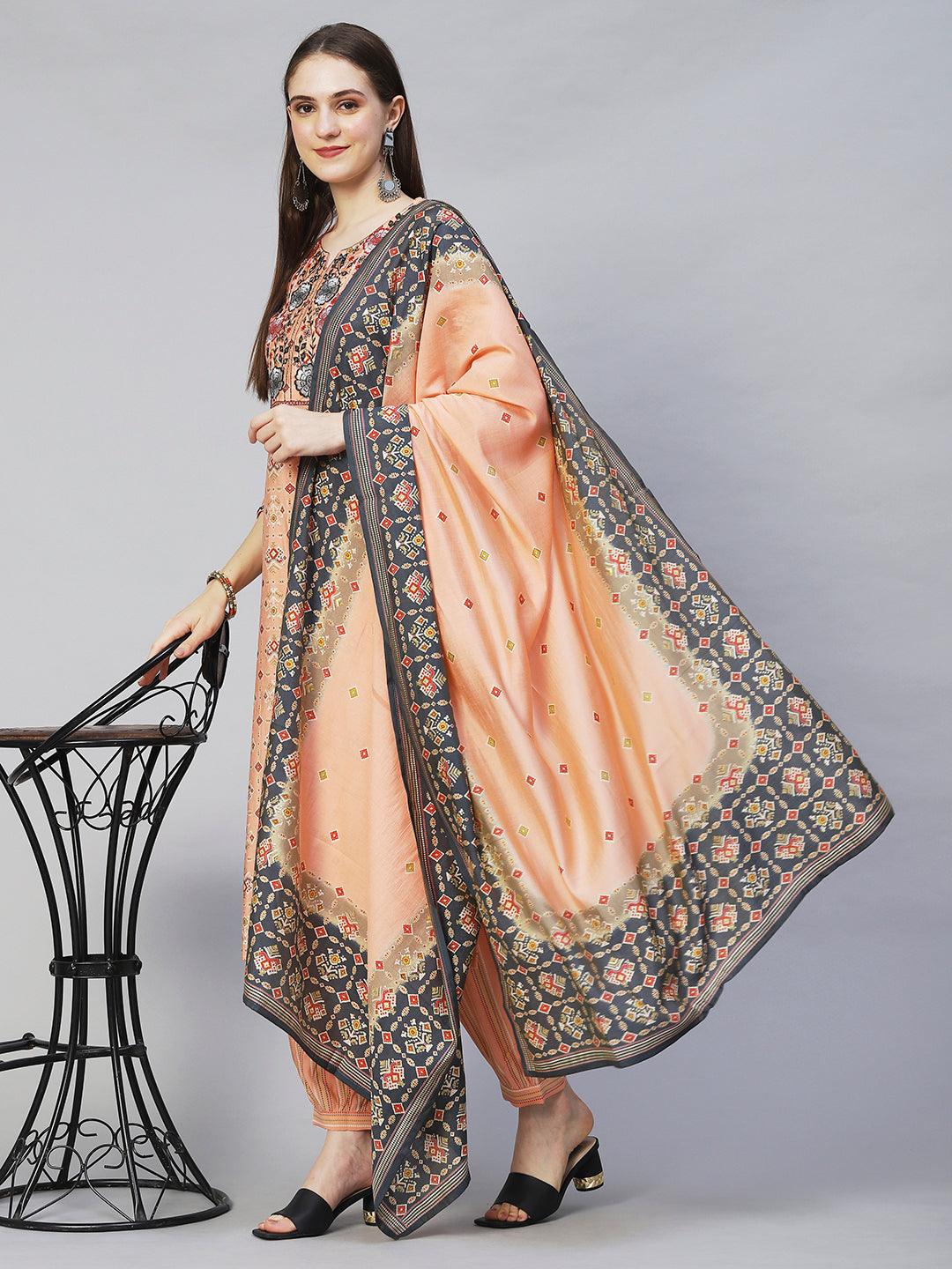 Ethnic Printed & Embroidered Straight Kurta with Pants & Dupatta - Peach - Indiakreations