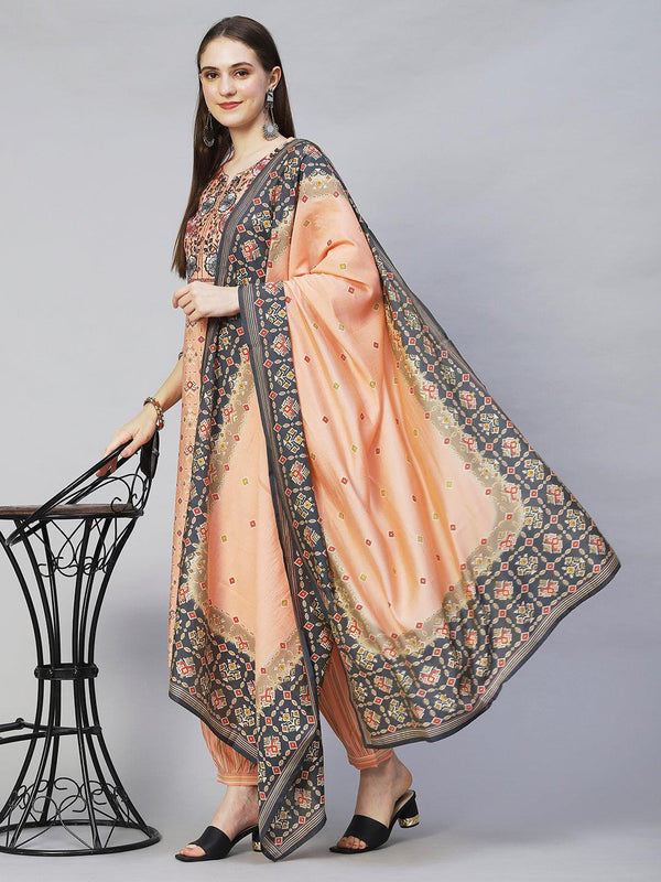 Ethnic Printed & Embroidered Straight Kurta with Pants & Dupatta - Peach - Indiakreations