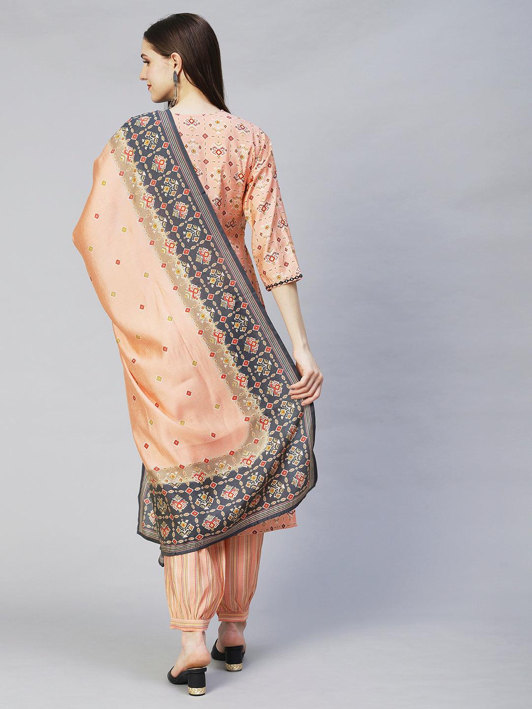 Ethnic Printed & Embroidered Straight Kurta with Pants & Dupatta - Peach - Indiakreations