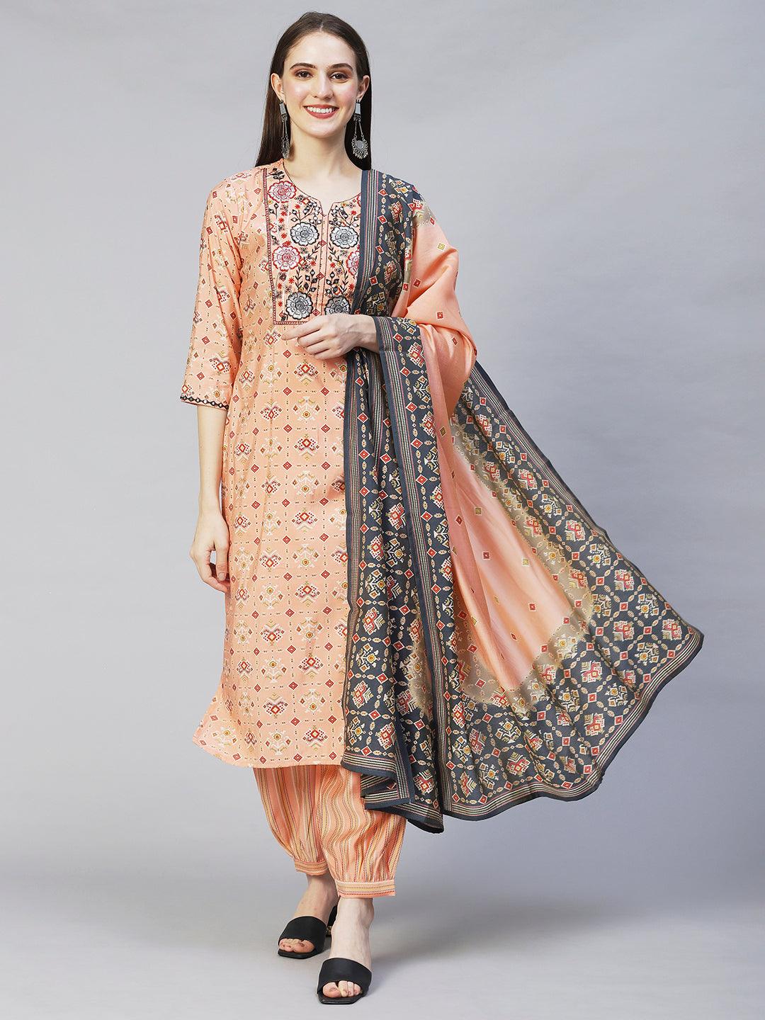 Ethnic Printed & Embroidered Straight Kurta with Pants & Dupatta - Peach - Indiakreations