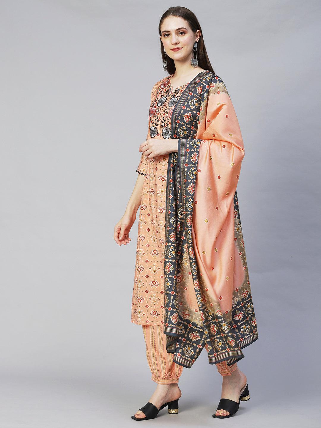 Ethnic Printed & Embroidered Straight Kurta with Pants & Dupatta - Peach - Indiakreations