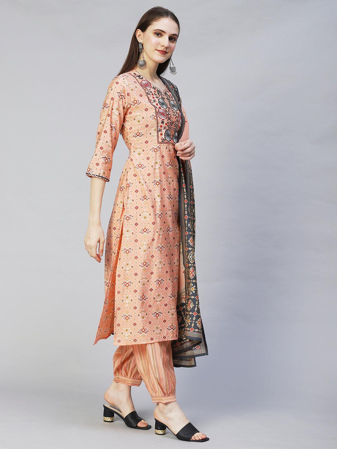 Ethnic Printed & Embroidered Straight Kurta with Pants & Dupatta - Peach - Indiakreations