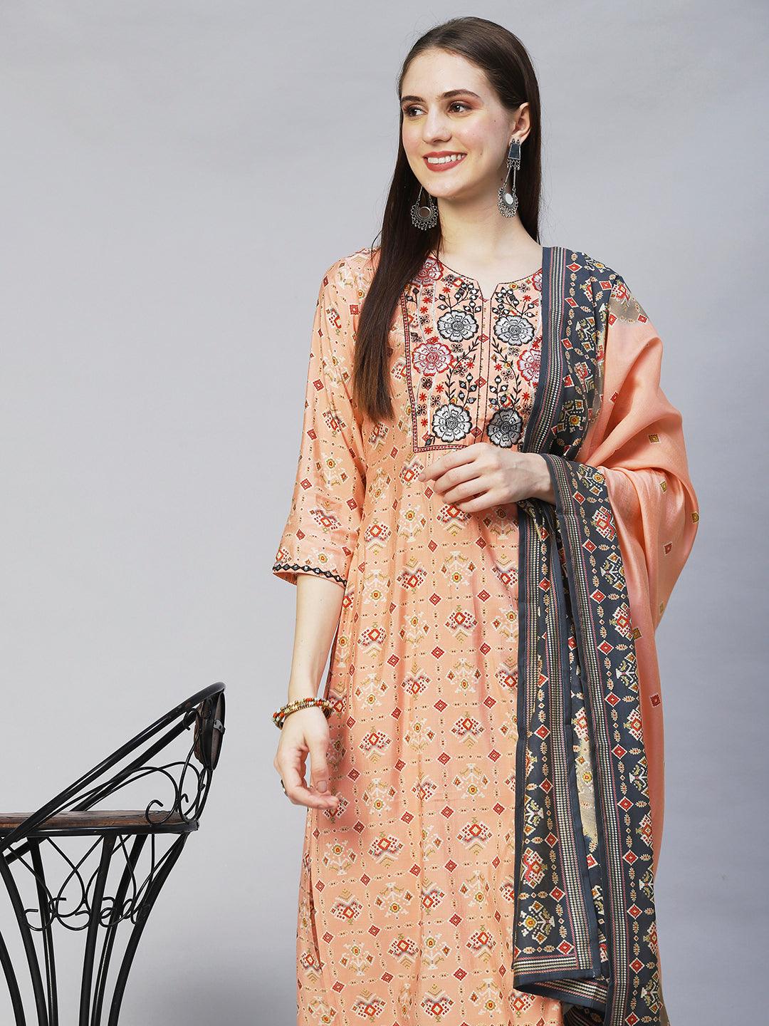 Ethnic Printed & Embroidered Straight Kurta with Pants & Dupatta - Peach - Indiakreations