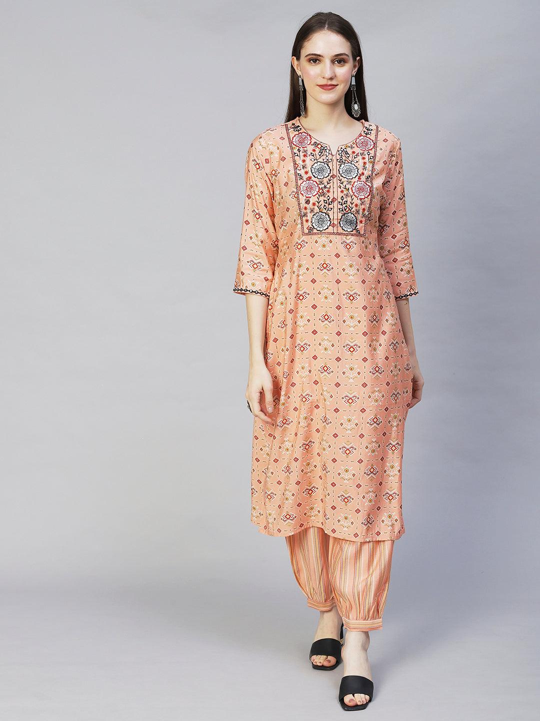 Ethnic Printed & Embroidered Straight Kurta with Pants & Dupatta - Peach - Indiakreations