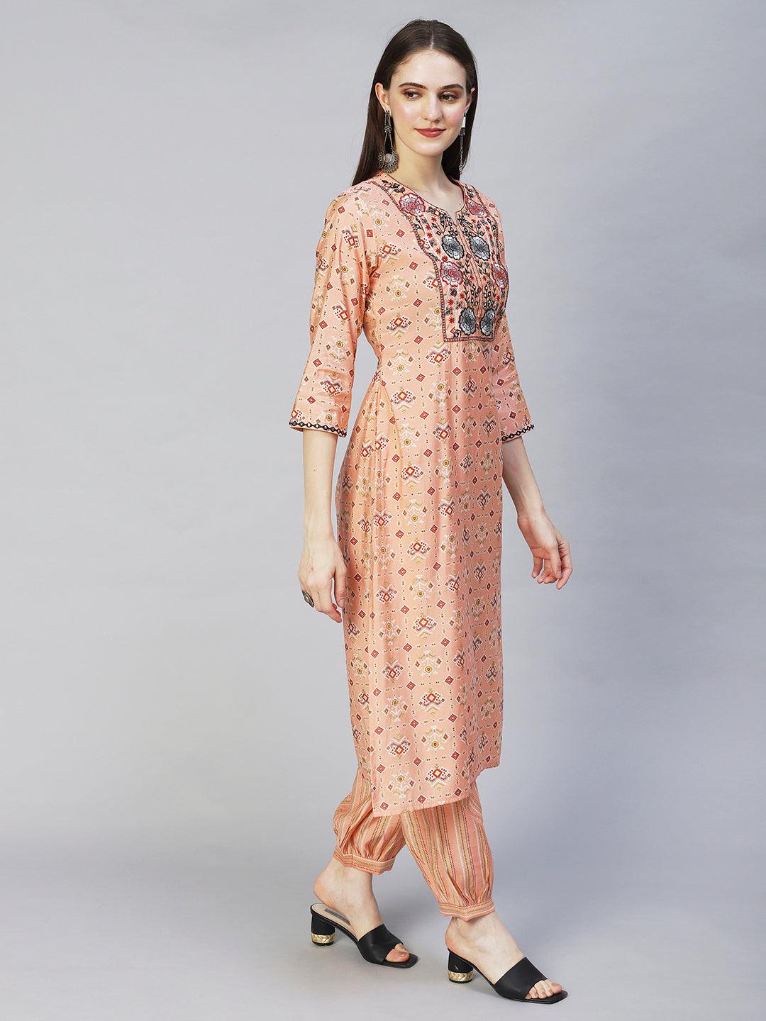 Ethnic Printed & Embroidered Straight Kurta with Pants & Dupatta - Peach - Indiakreations