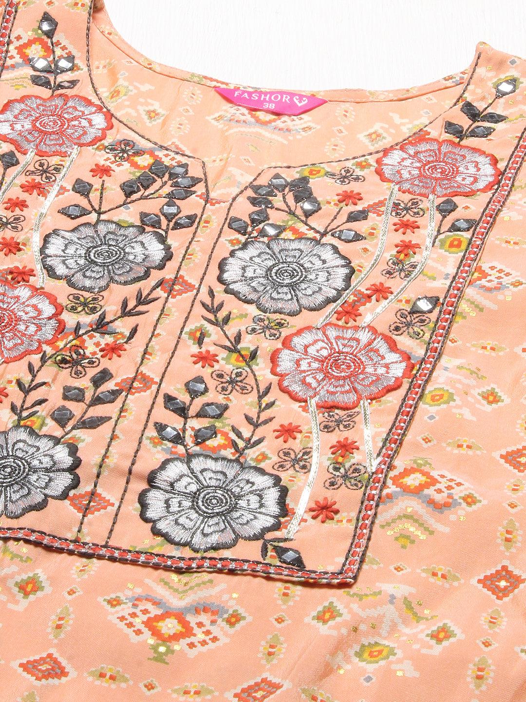 Ethnic Printed & Embroidered Straight Kurta with Pants & Dupatta - Peach - Indiakreations