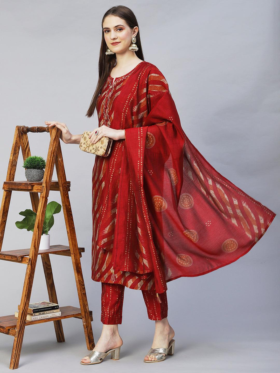 Ethnic Printed & Embroidered Straight Kurta with Pants & Dupatta - Multi - Indiakreations