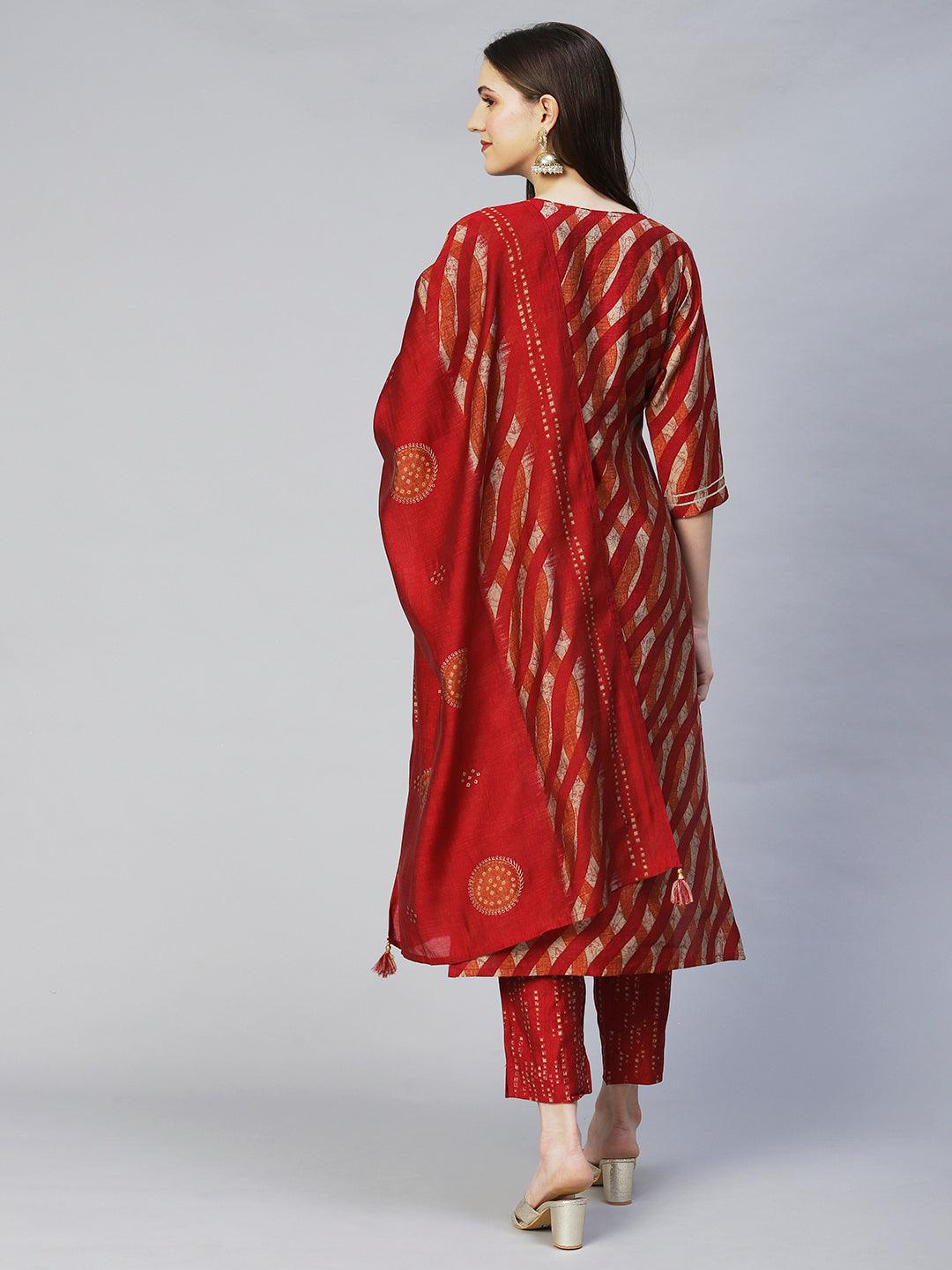 Ethnic Printed & Embroidered Straight Kurta with Pants & Dupatta - Multi - Indiakreations