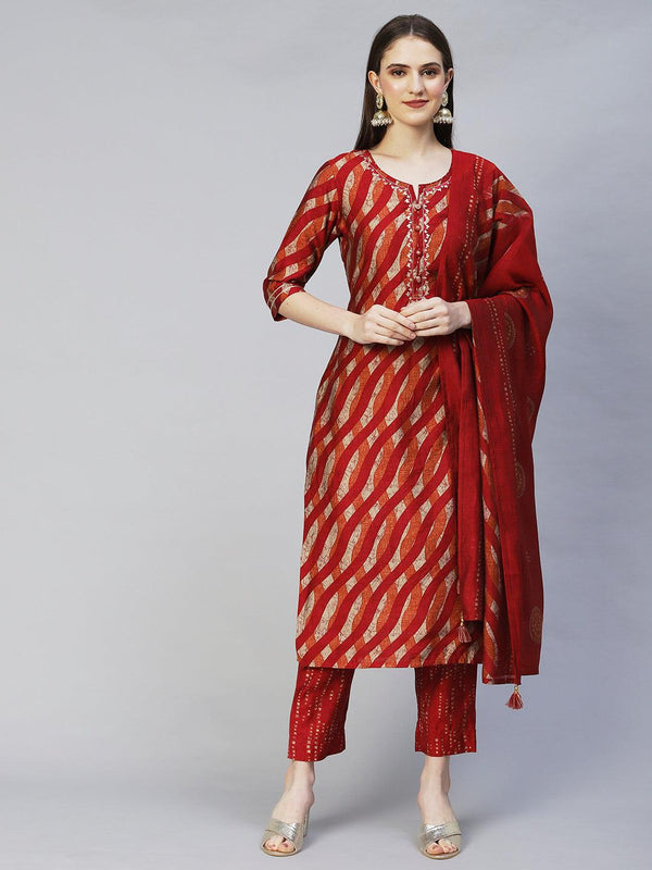 Ethnic Printed & Embroidered Straight Kurta with Pants & Dupatta - Multi - Indiakreations