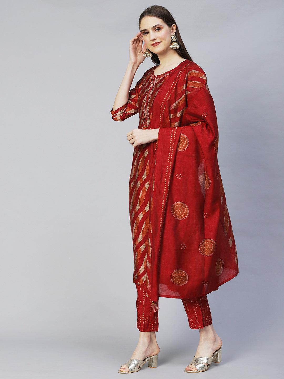 Ethnic Printed & Embroidered Straight Kurta with Pants & Dupatta - Multi - Indiakreations