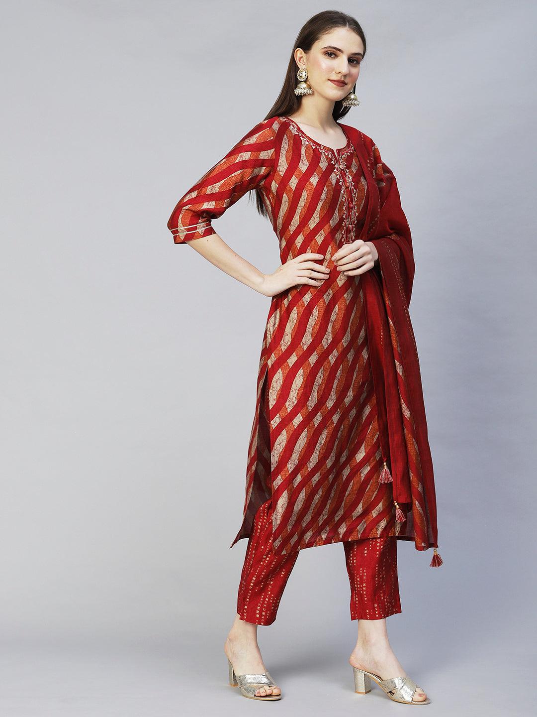 Ethnic Printed & Embroidered Straight Kurta with Pants & Dupatta - Multi - Indiakreations