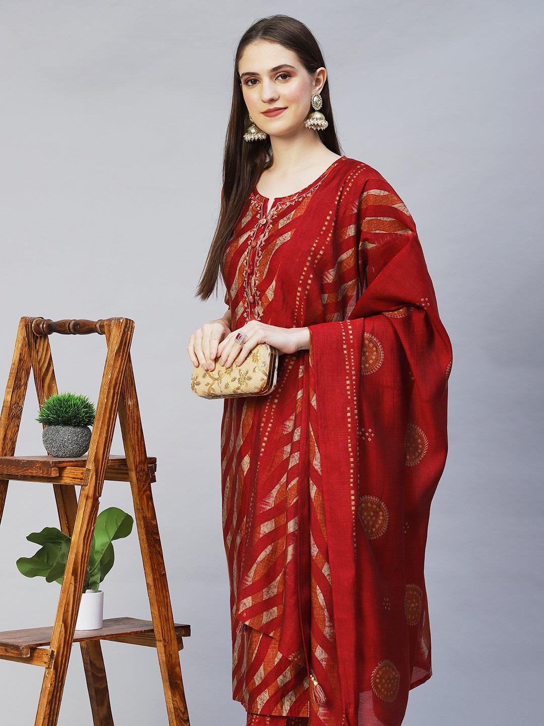 Ethnic Printed & Embroidered Straight Kurta with Pants & Dupatta - Multi - Indiakreations