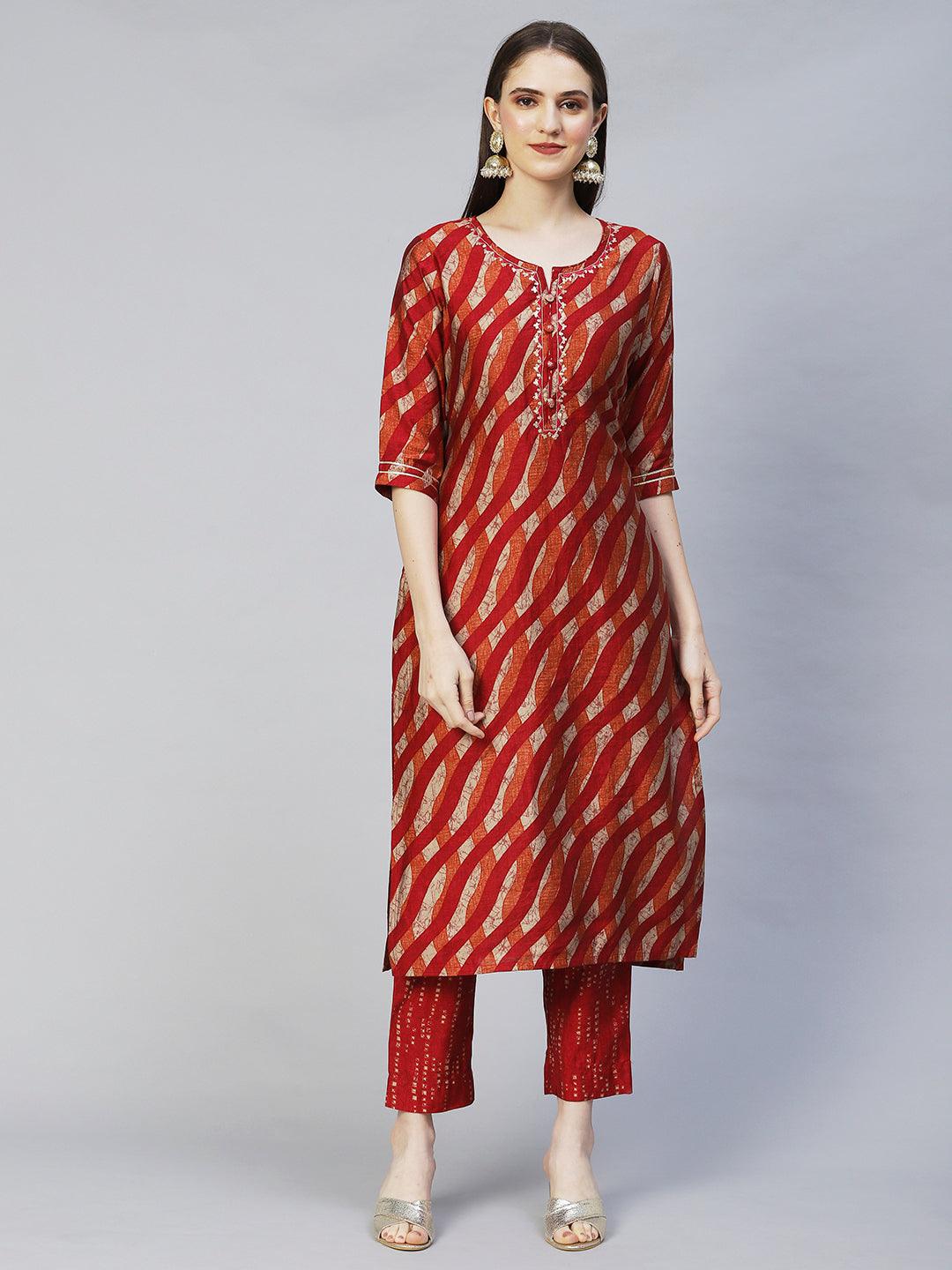 Ethnic Printed & Embroidered Straight Kurta with Pants & Dupatta - Multi - Indiakreations