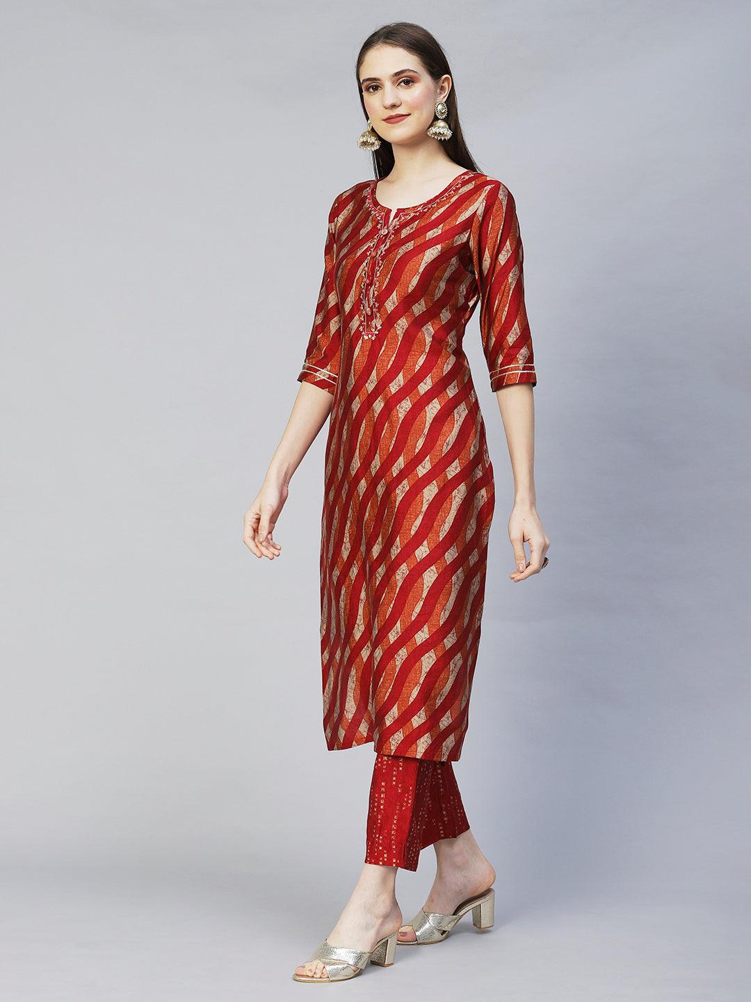 Ethnic Printed & Embroidered Straight Kurta with Pants & Dupatta - Multi - Indiakreations