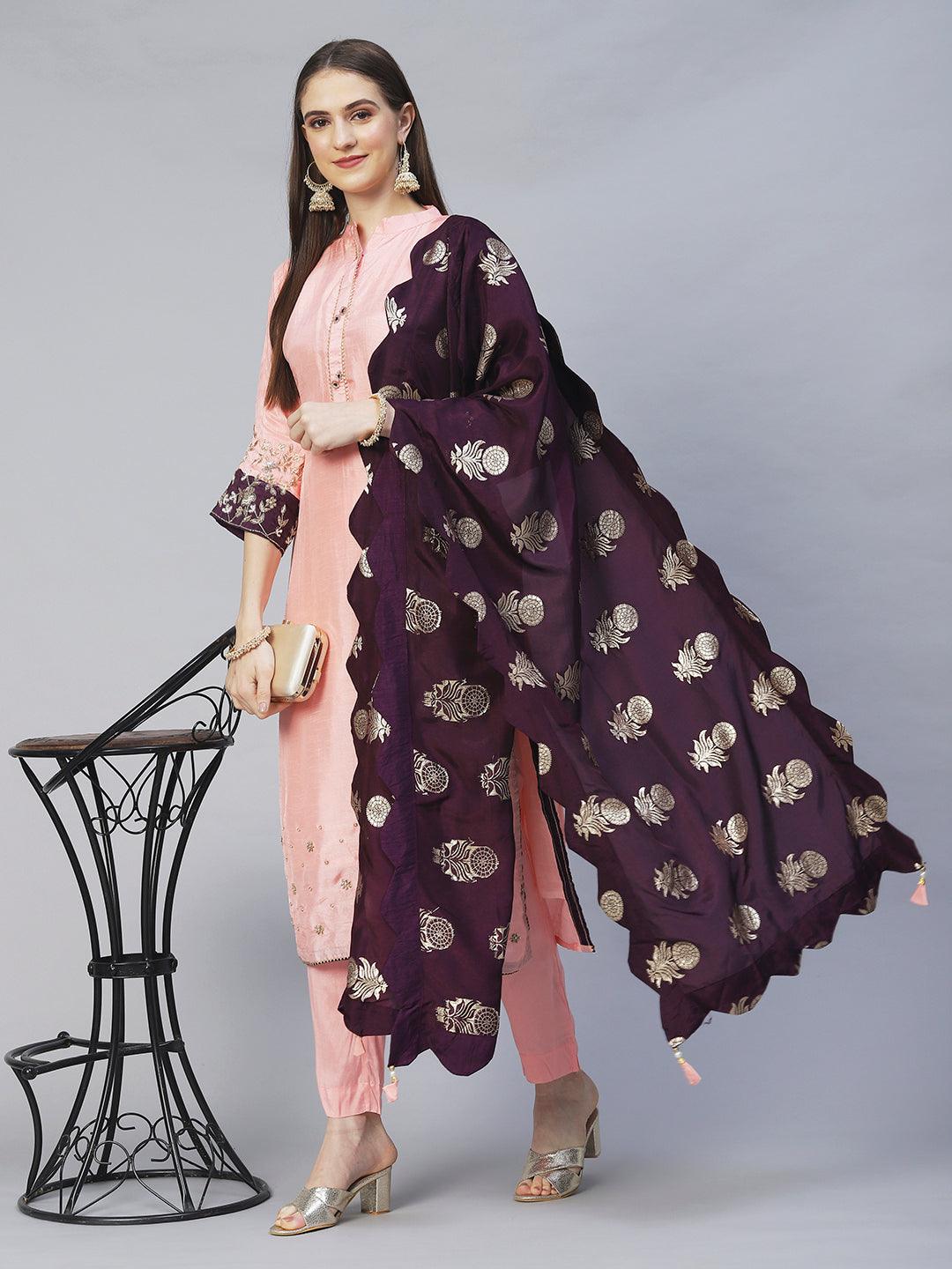 Floral Hand Embroidered Kurta with Pants & Dupatta - Peach - Indiakreations