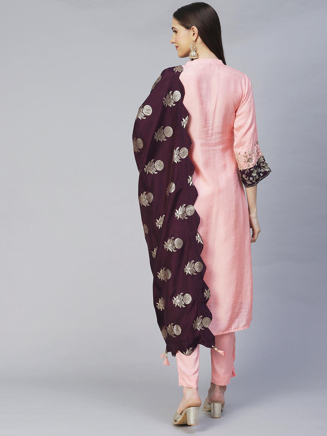 Floral Hand Embroidered Kurta with Pants & Dupatta - Peach - Indiakreations