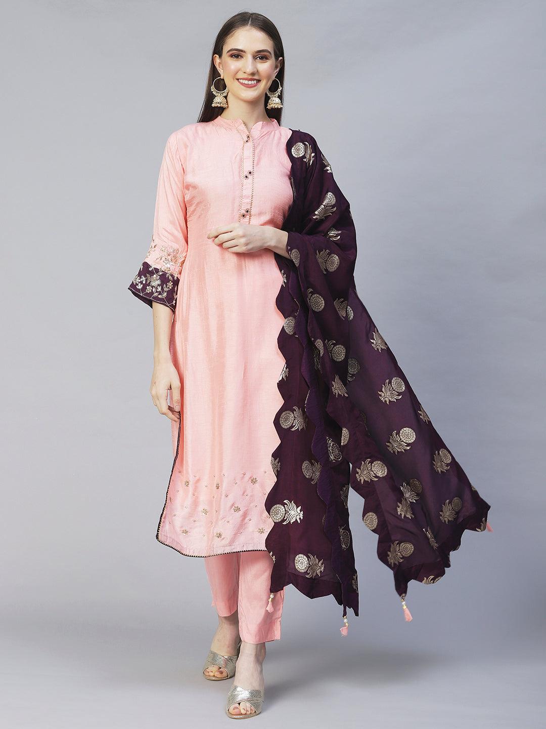 Floral Hand Embroidered Kurta with Pants & Dupatta - Peach - Indiakreations