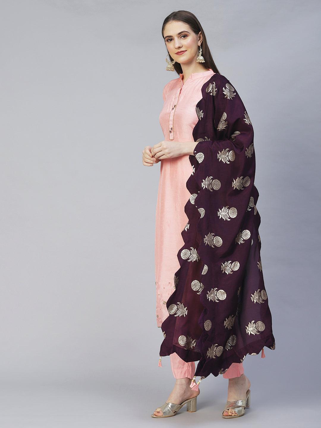 Floral Hand Embroidered Kurta with Pants & Dupatta - Peach - Indiakreations