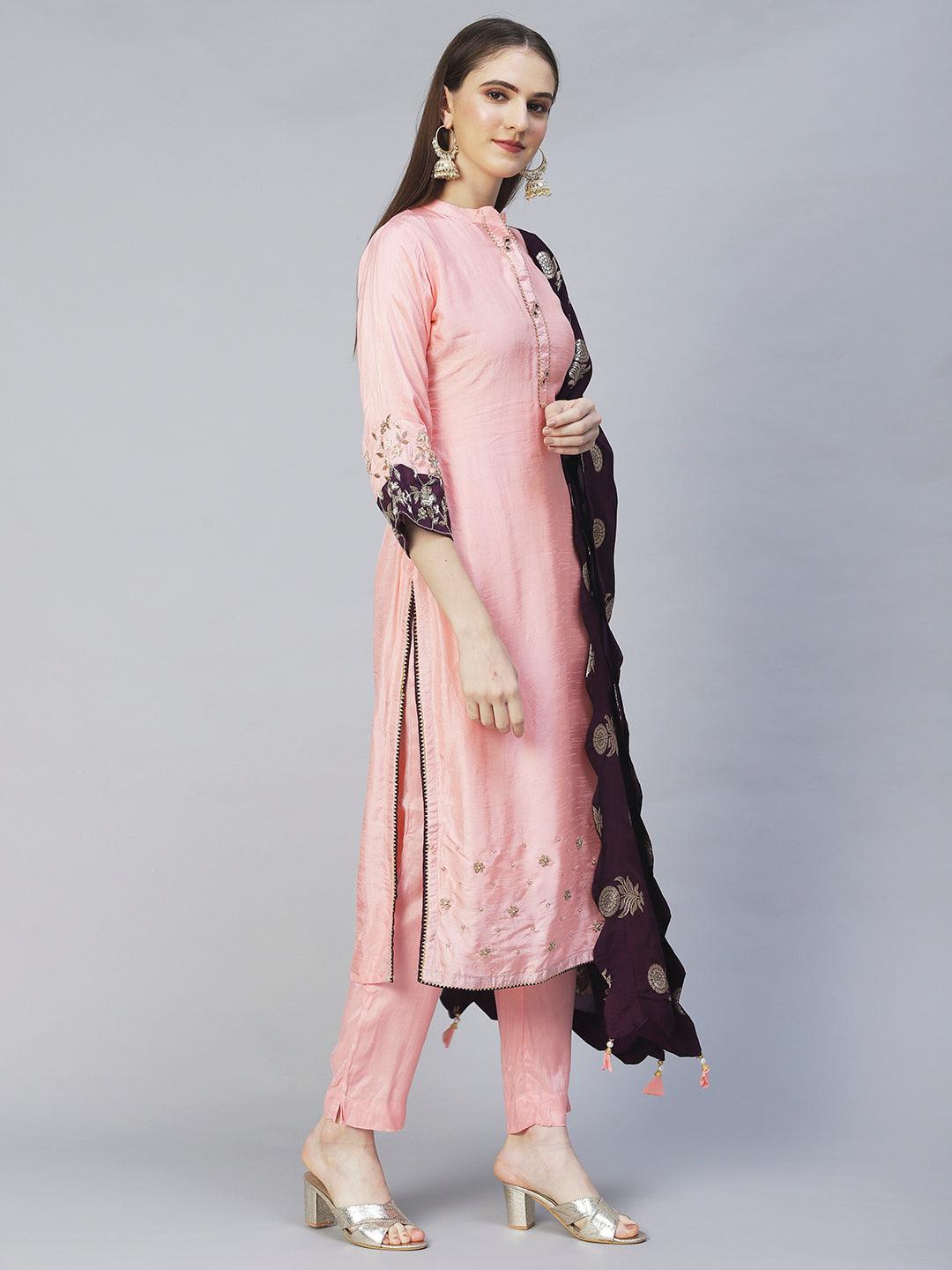 Floral Hand Embroidered Kurta with Pants & Dupatta - Peach - Indiakreations