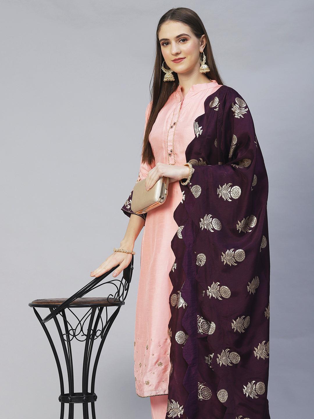 Floral Hand Embroidered Kurta with Pants & Dupatta - Peach - Indiakreations