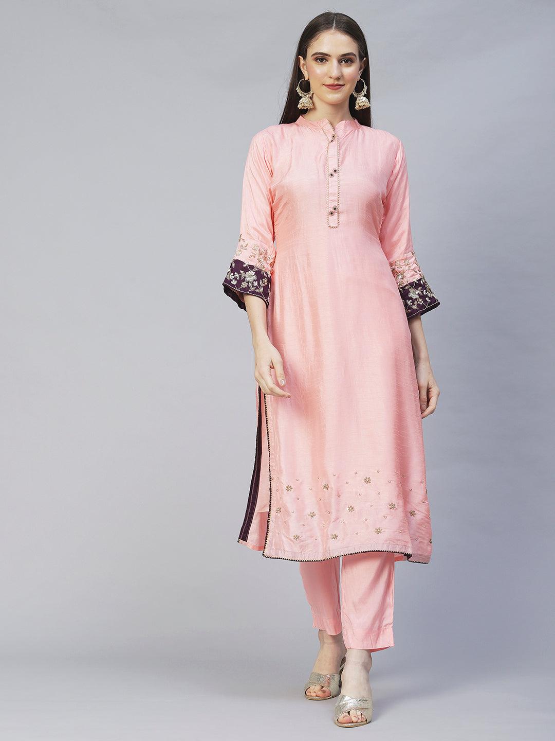 Floral Hand Embroidered Kurta with Pants & Dupatta - Peach - Indiakreations