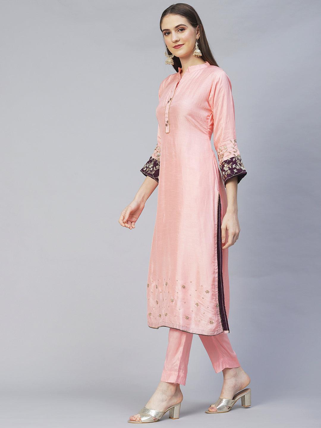 Floral Hand Embroidered Kurta with Pants & Dupatta - Peach - Indiakreations