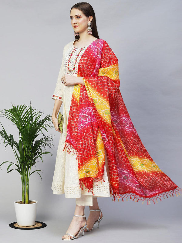 Floral Embroidered Anarkali Kurta with Pants & Dupatta - Off White - Indiakreations