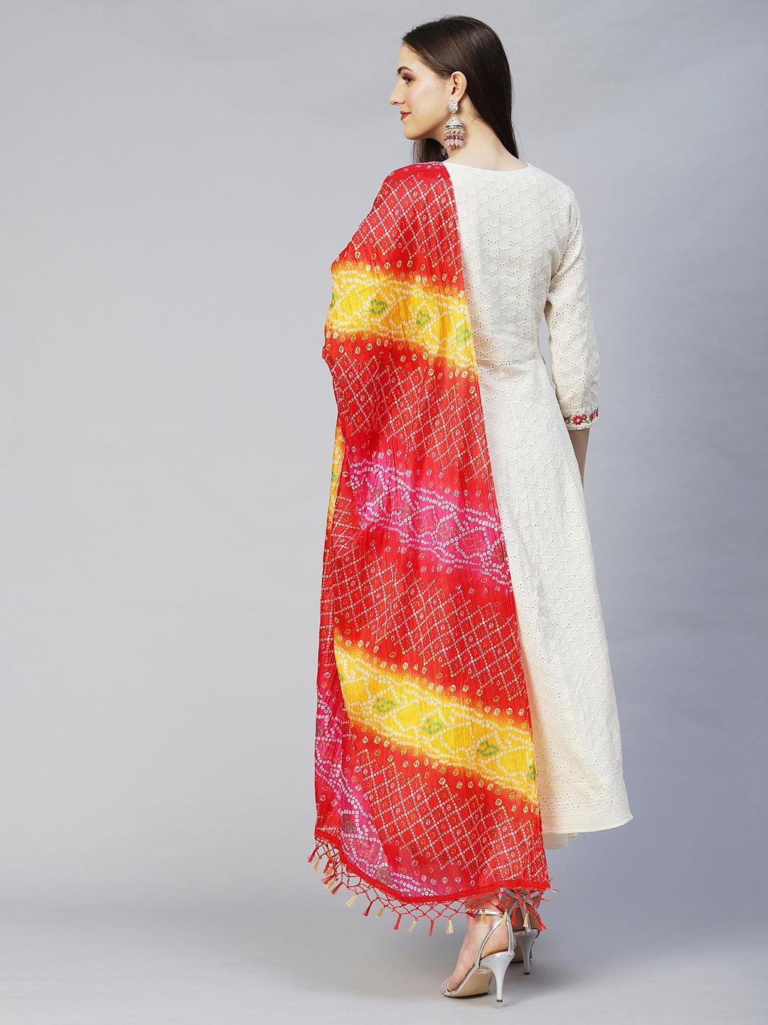 Floral Embroidered Anarkali Kurta with Pants & Dupatta - Off White - Indiakreations