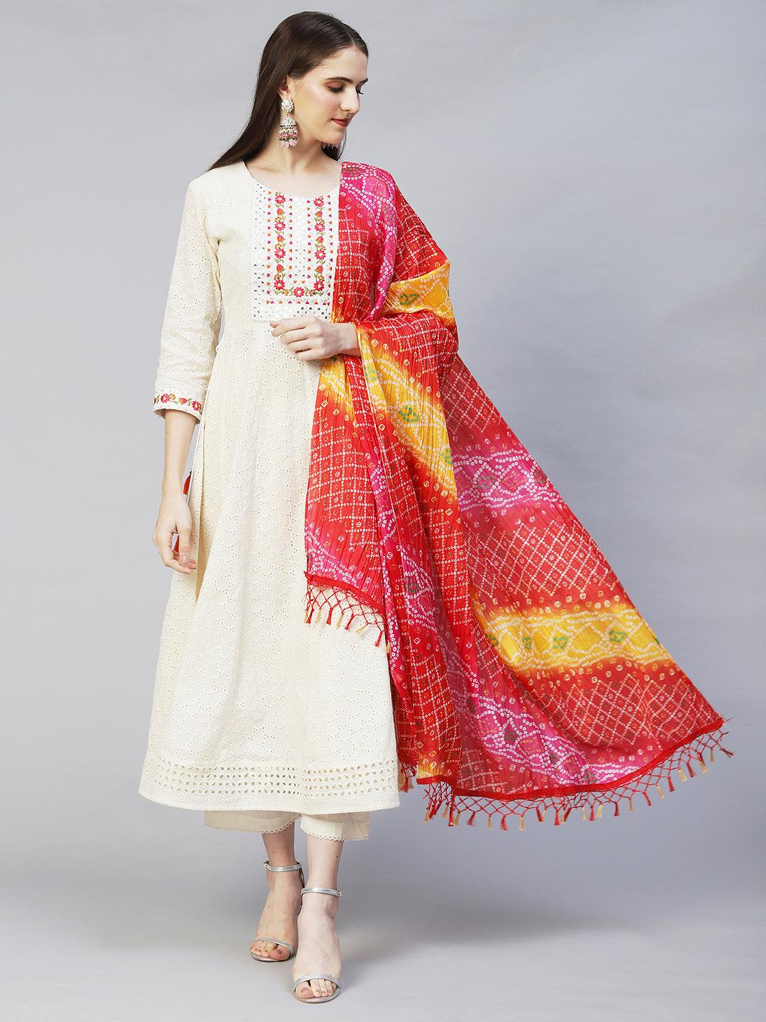 Floral Embroidered Anarkali Kurta with Pants & Dupatta - Off White - Indiakreations