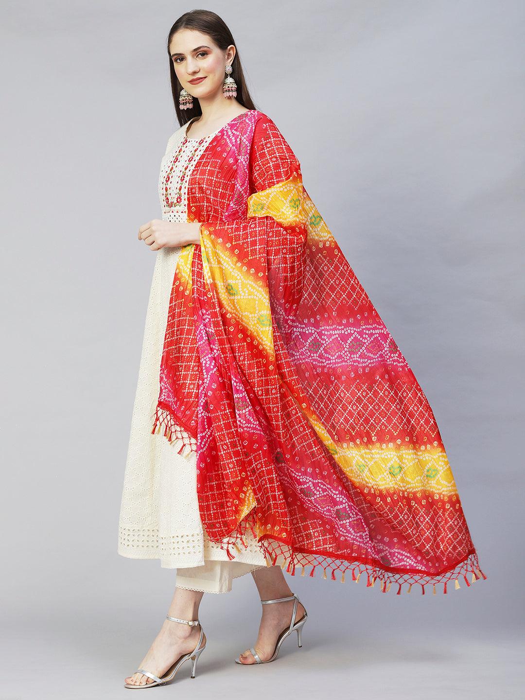 Floral Embroidered Anarkali Kurta with Pants & Dupatta - Off White - Indiakreations