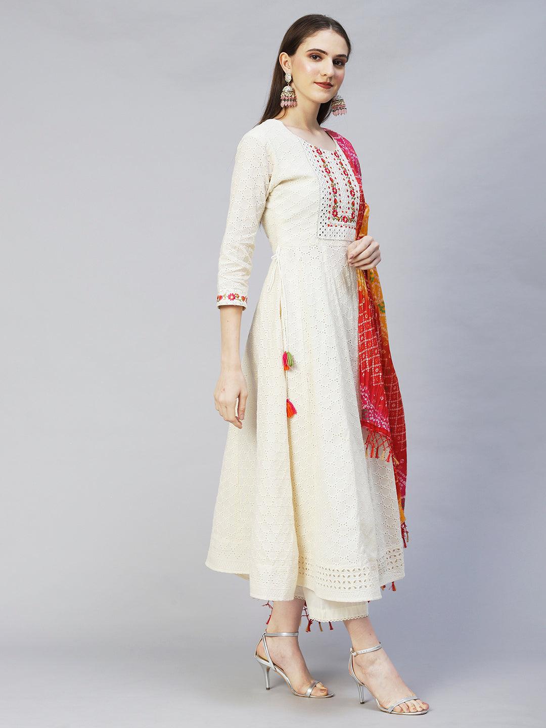 Floral Embroidered Anarkali Kurta with Pants & Dupatta - Off White - Indiakreations