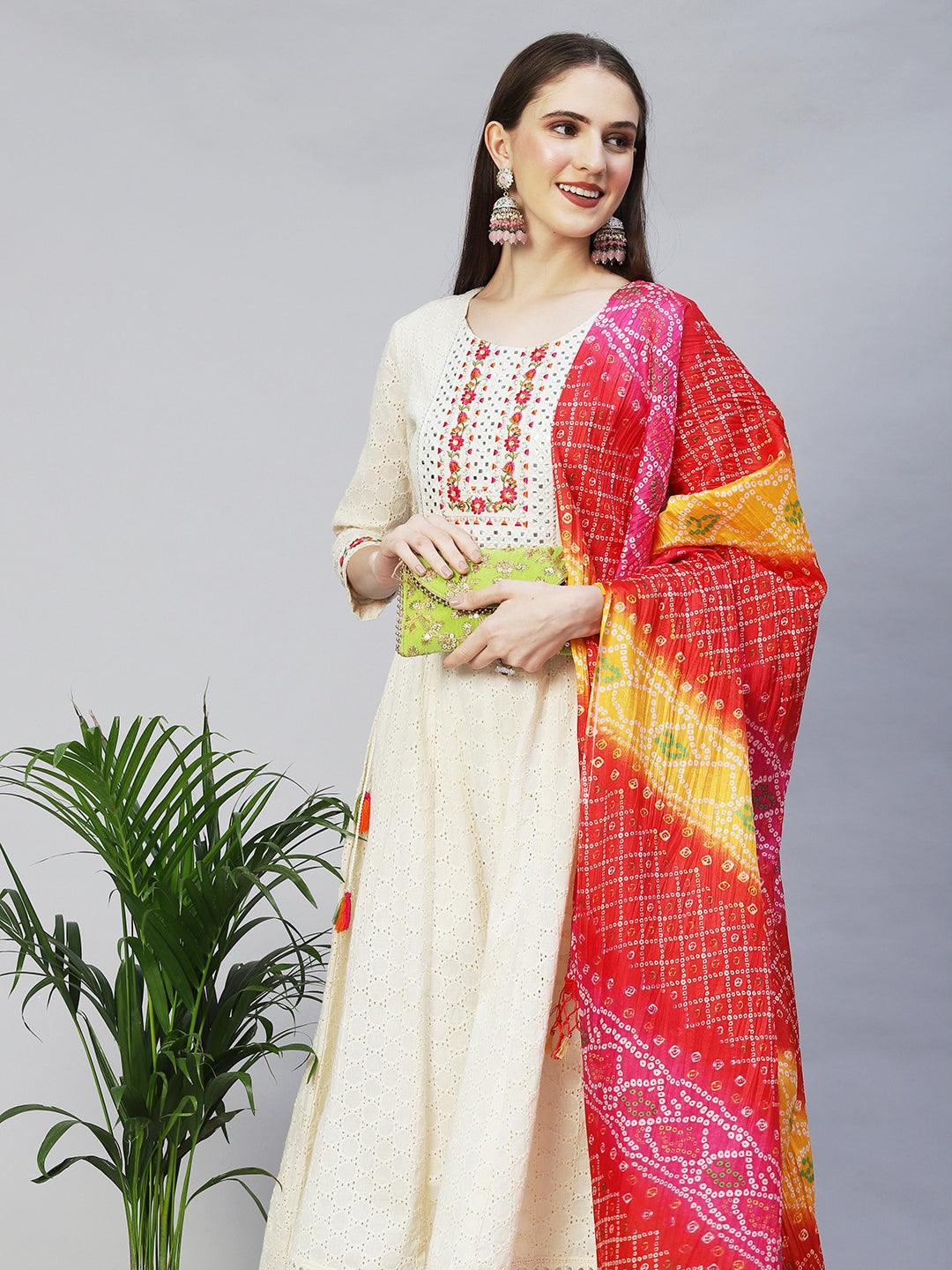 Floral Embroidered Anarkali Kurta with Pants & Dupatta - Off White - Indiakreations