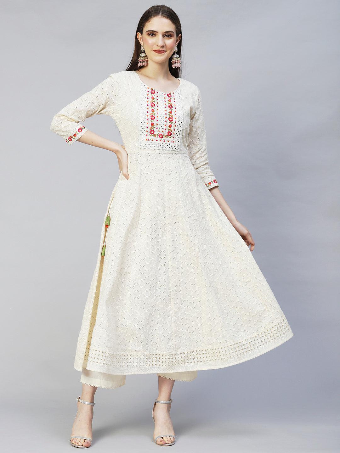 Floral Embroidered Anarkali Kurta with Pants & Dupatta - Off White - Indiakreations