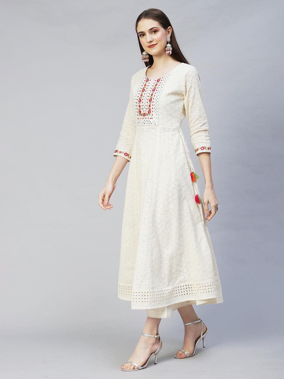 Floral Embroidered Anarkali Kurta with Pants & Dupatta - Off White - Indiakreations