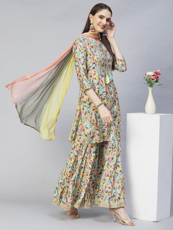 Ethnic Printed & Hand Embroidered Straight Kurta with Sharara & Dupatta - Multi - Indiakreations