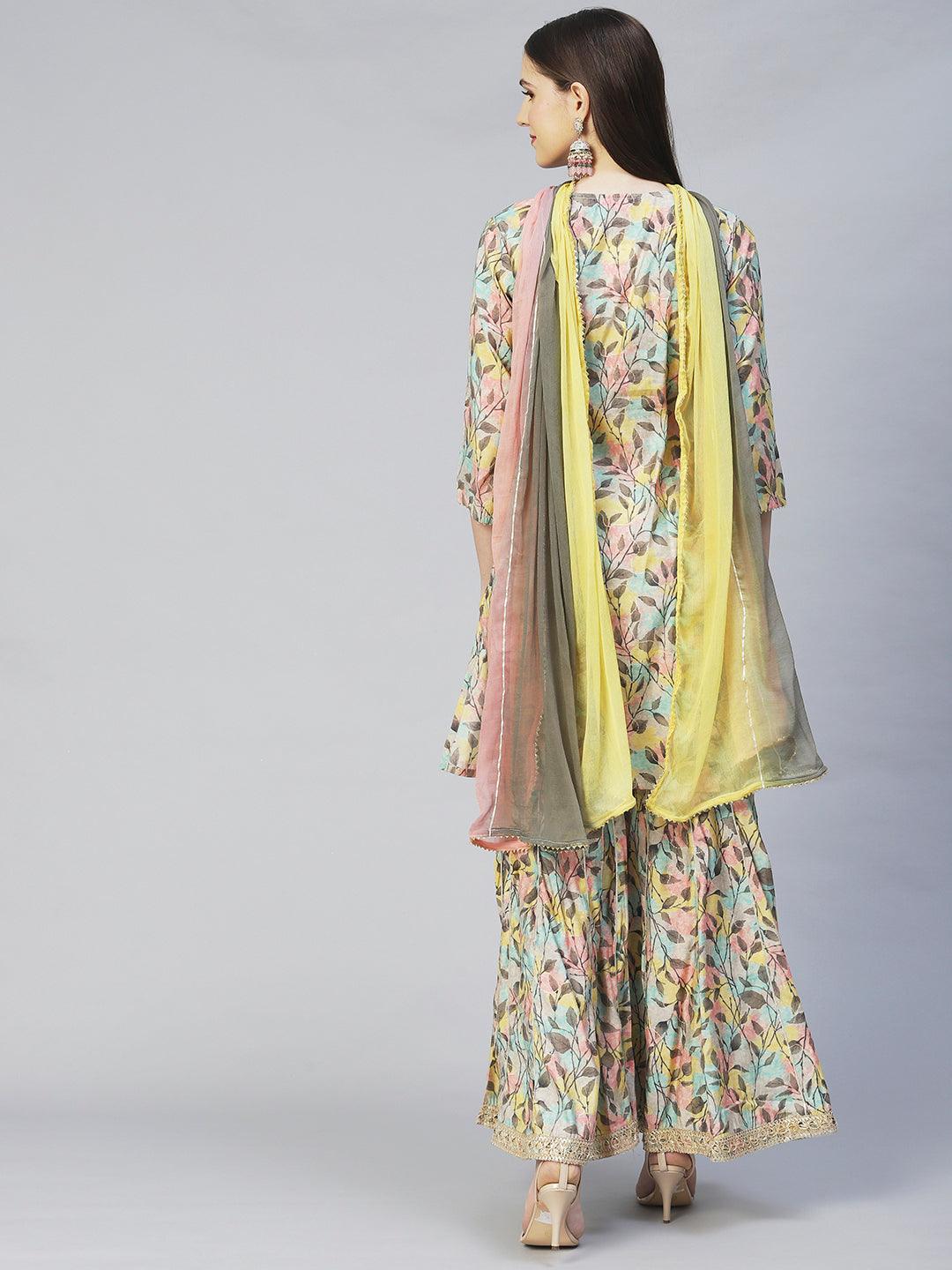 Ethnic Printed & Hand Embroidered Straight Kurta with Sharara & Dupatta - Multi - Indiakreations