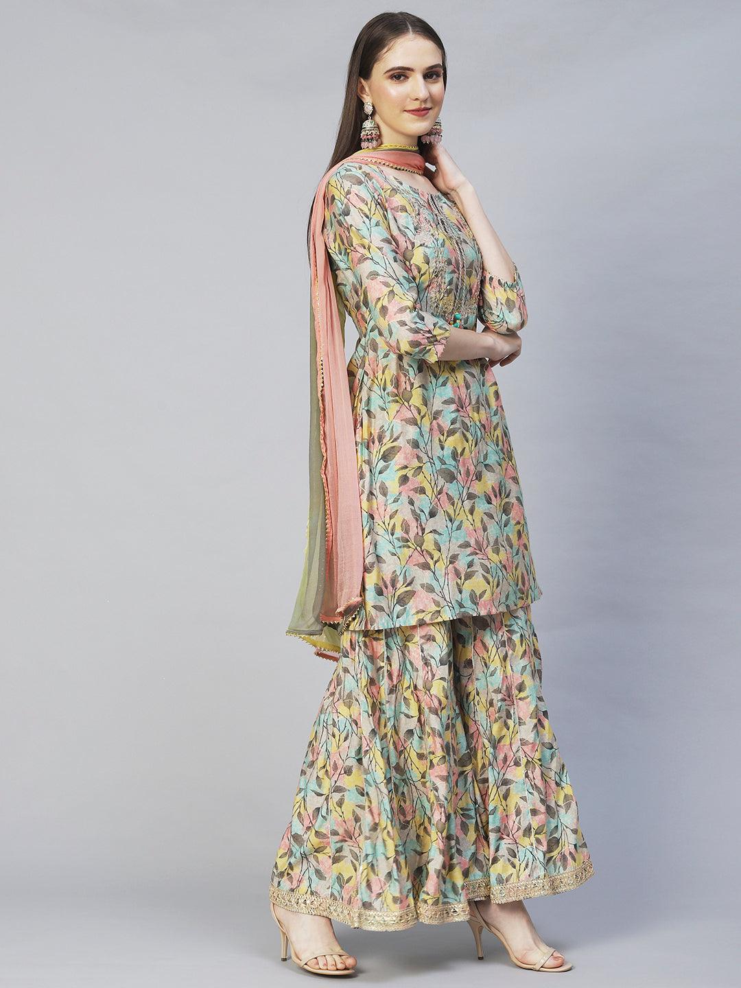 Ethnic Printed & Hand Embroidered Straight Kurta with Sharara & Dupatta - Multi - Indiakreations