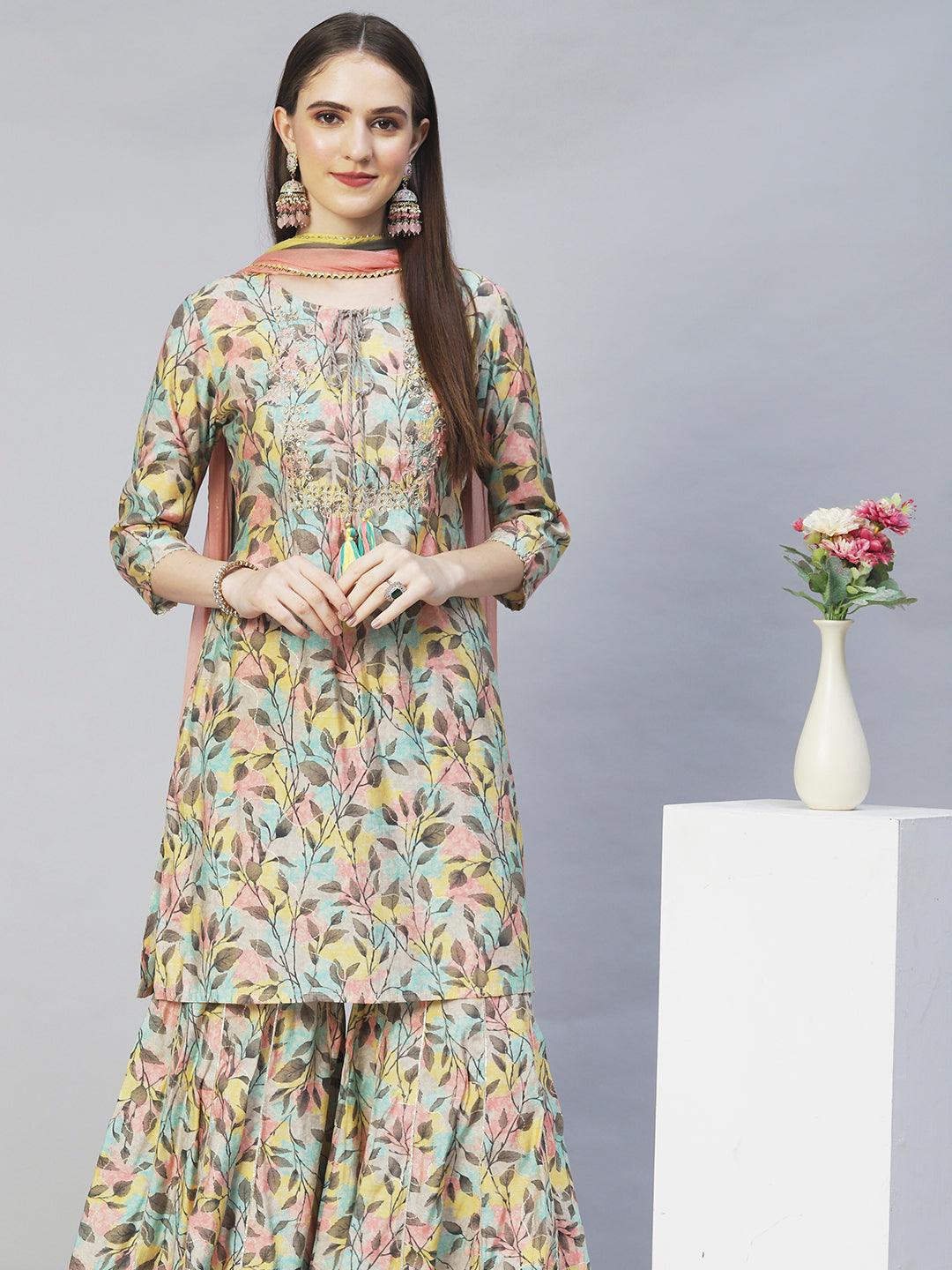 Ethnic Printed & Hand Embroidered Straight Kurta with Sharara & Dupatta - Multi - Indiakreations