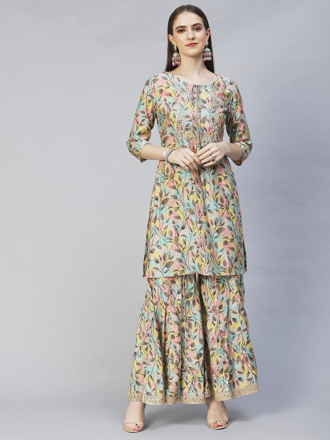 Ethnic Printed & Hand Embroidered Straight Kurta with Sharara & Dupatta - Multi - Indiakreations