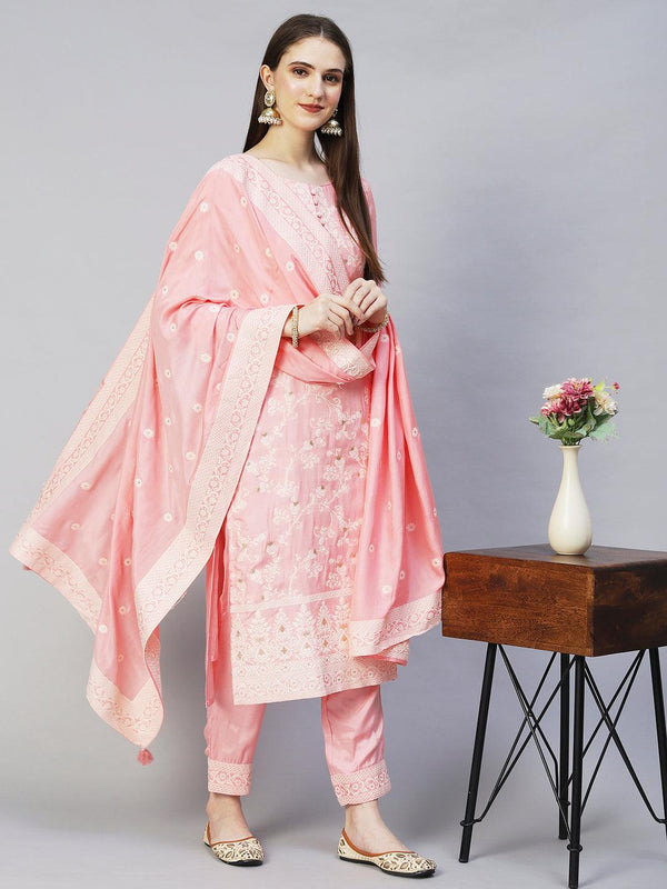 Ethnic Woven Straight Fit Kurta with Pants & Dupatta - Pink - Indiakreations