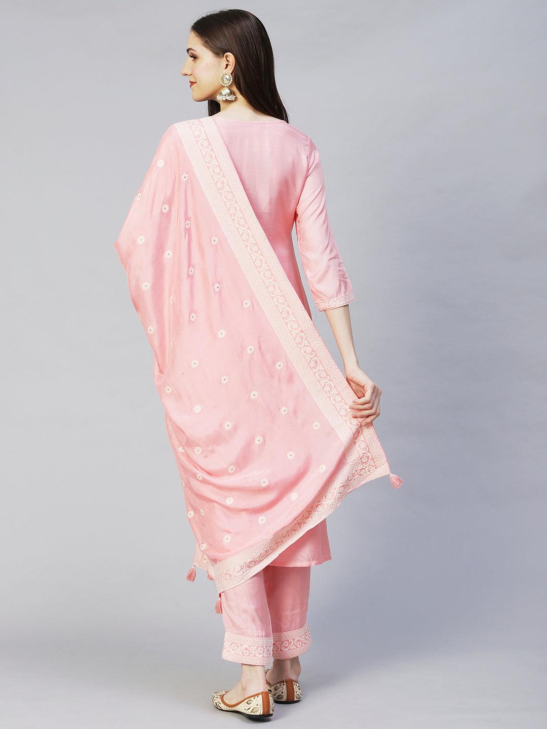 Ethnic Woven Straight Fit Kurta with Pants & Dupatta - Pink - Indiakreations