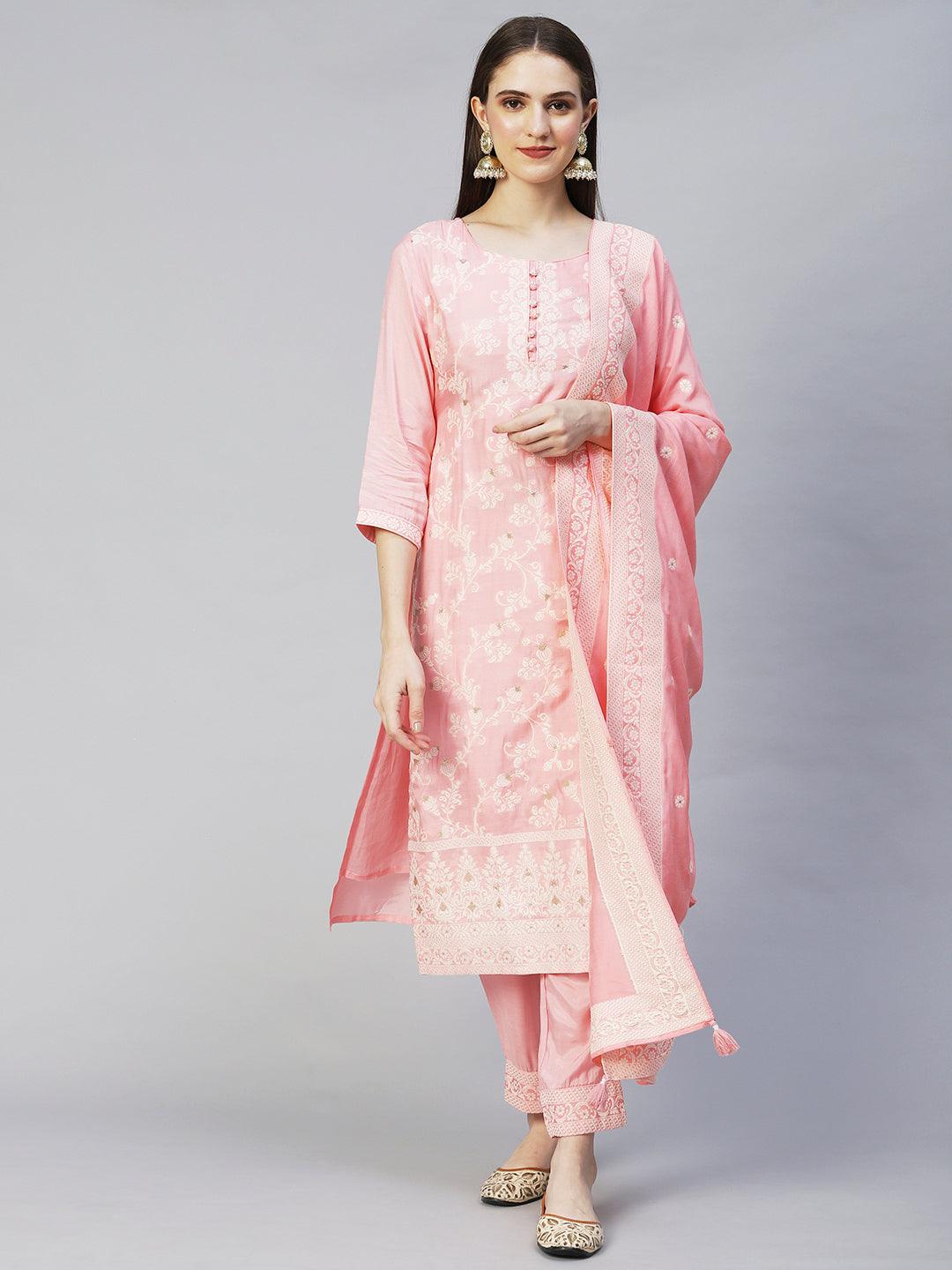 Ethnic Woven Straight Fit Kurta with Pants & Dupatta - Pink - Indiakreations