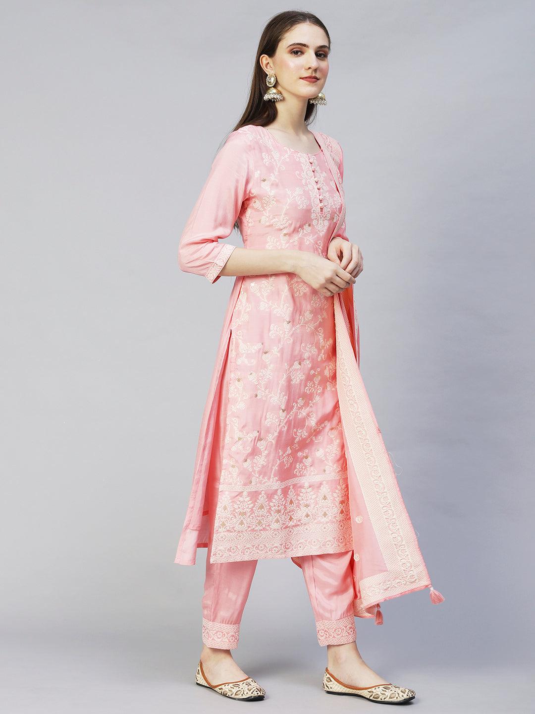 Ethnic Woven Straight Fit Kurta with Pants & Dupatta - Pink - Indiakreations