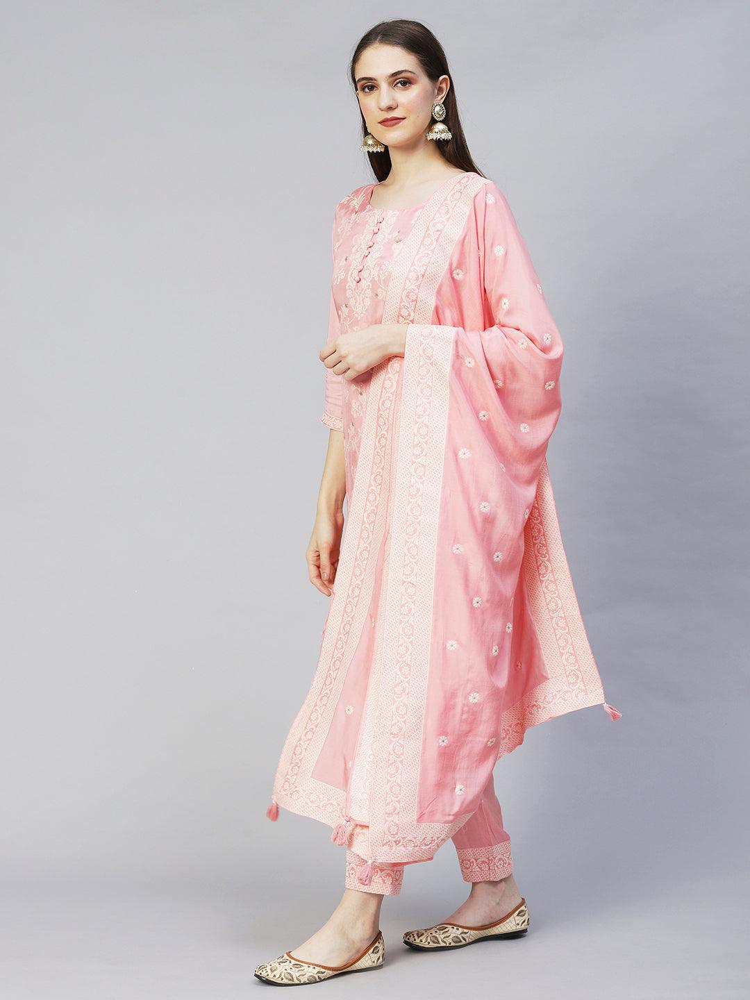 Ethnic Woven Straight Fit Kurta with Pants & Dupatta - Pink - Indiakreations