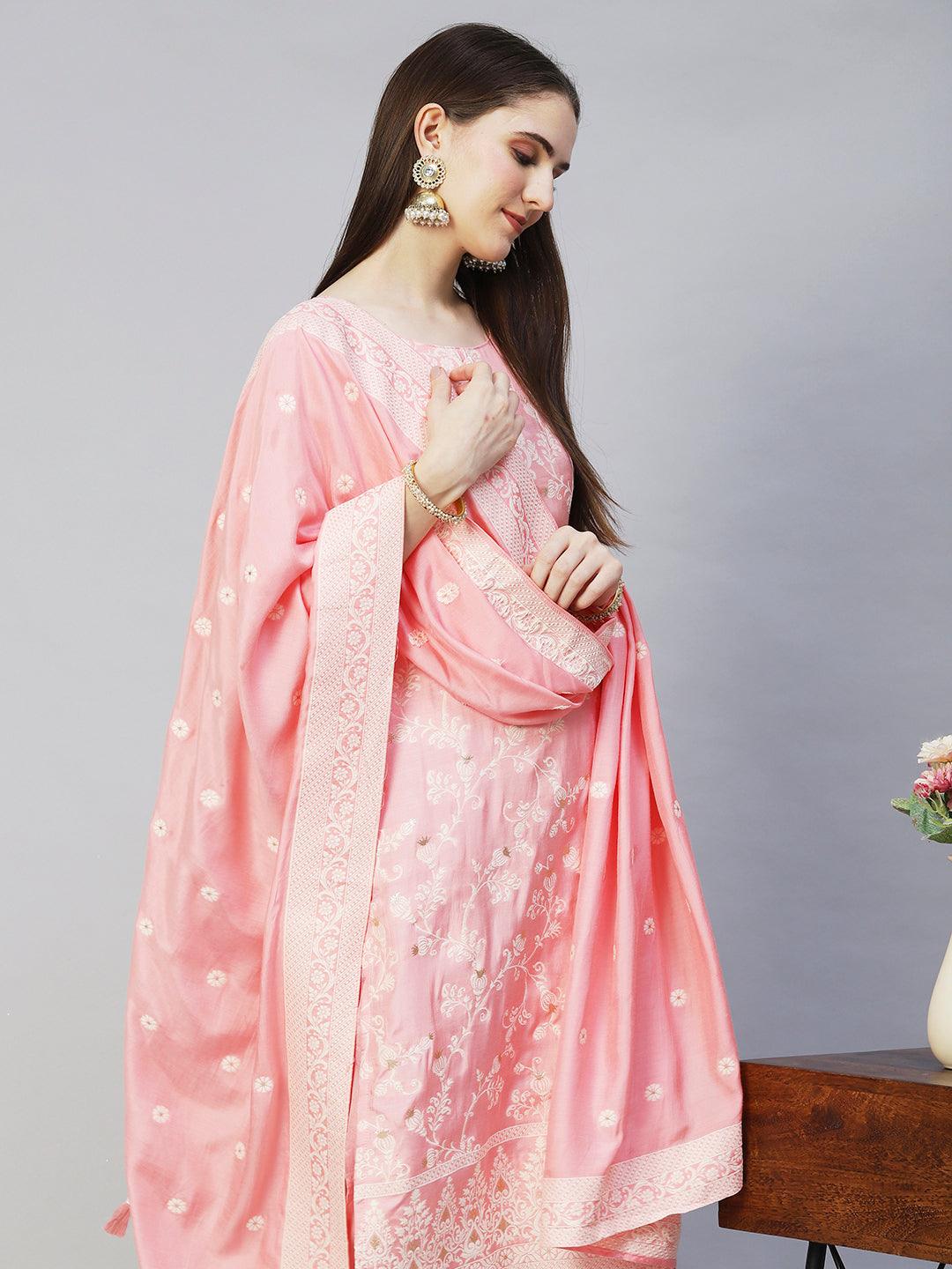 Ethnic Woven Straight Fit Kurta with Pants & Dupatta - Pink - Indiakreations