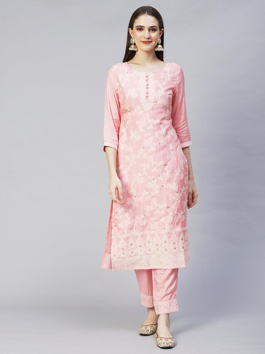 Ethnic Woven Straight Fit Kurta with Pants & Dupatta - Pink - Indiakreations